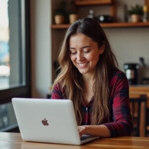 A smiling young woman in a plaid shirt working on a MacBook at a cozy cafe.