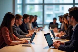 Team of professionals working on MacBooks around a large conference table in a bright, modern office.