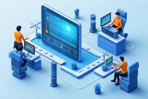 Illustration of IT professionals remotely controlling devices at different locations.